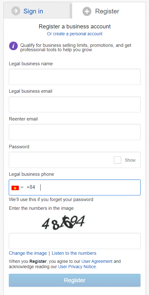 Giao diện hiển thị khi chọn “tài khoản doanh nghiệp” trong quá trình đăng ký tài khoản ebay
