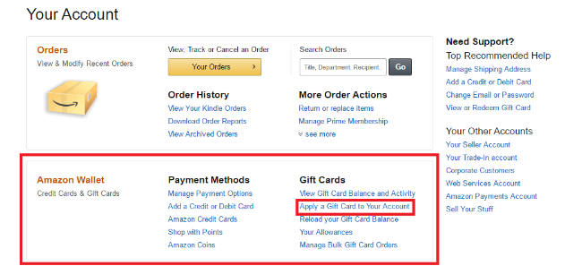 Vào mục Your Account để nhập mã Gift Card vào tài khoản là có thể sử dụng mua hàng trên Amazon