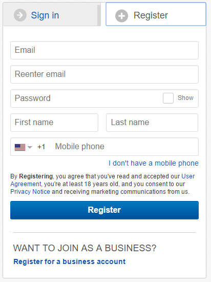 Mẫu đăng ký tài khoản trên eBay