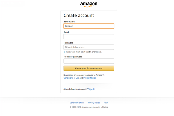 Bước 2 trong quá trình đăng ký tài khoản website và mua hàng amazon